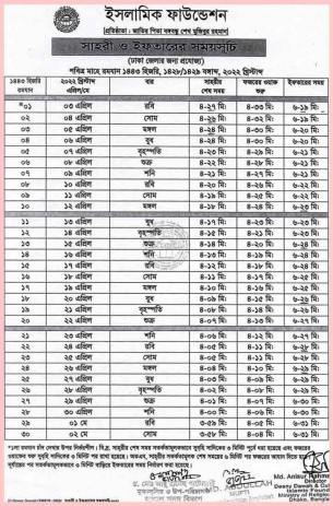 সেহরি ও ইফতারের সময়সূচি প্রকাশ